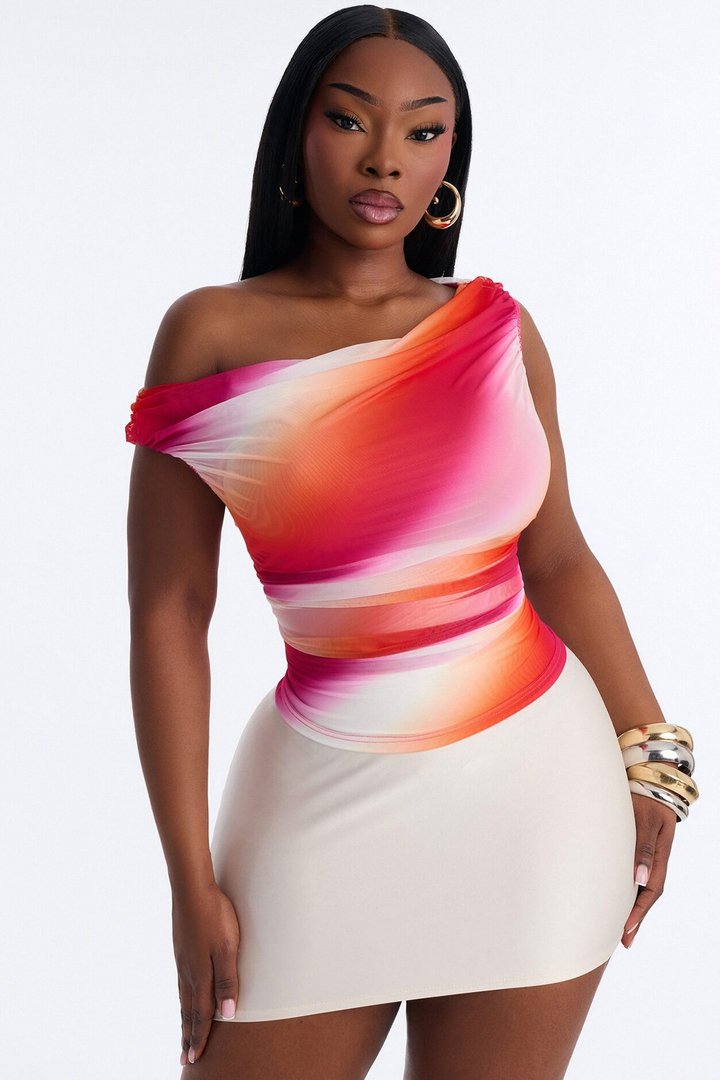 Belize Babe Abstract Mesh Off Shoulder Top - Pink/combo