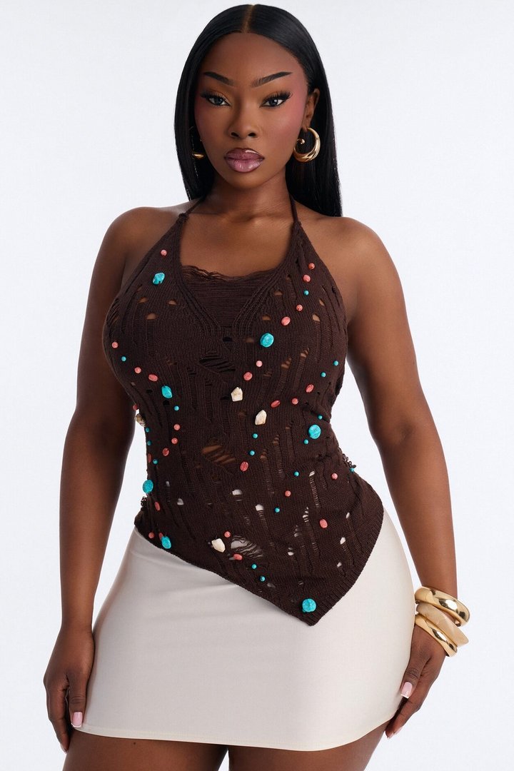 Alani Distressed Beaded Crochet Halter Top - Chocolate