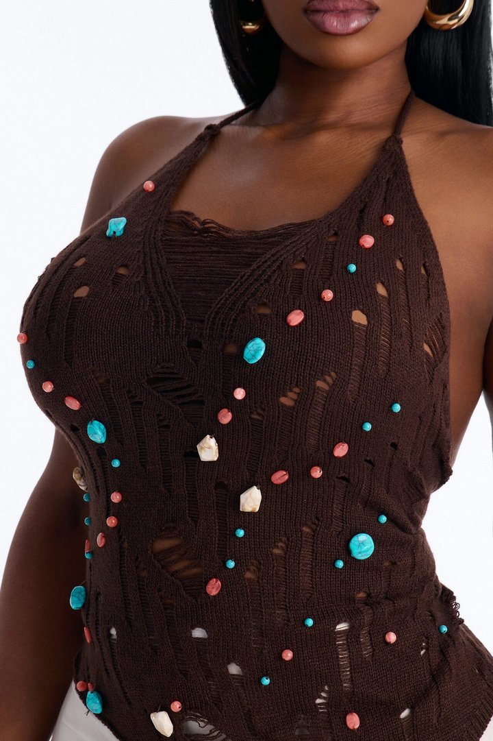 Alani Distressed Beaded Crochet Halter Top - Chocolate