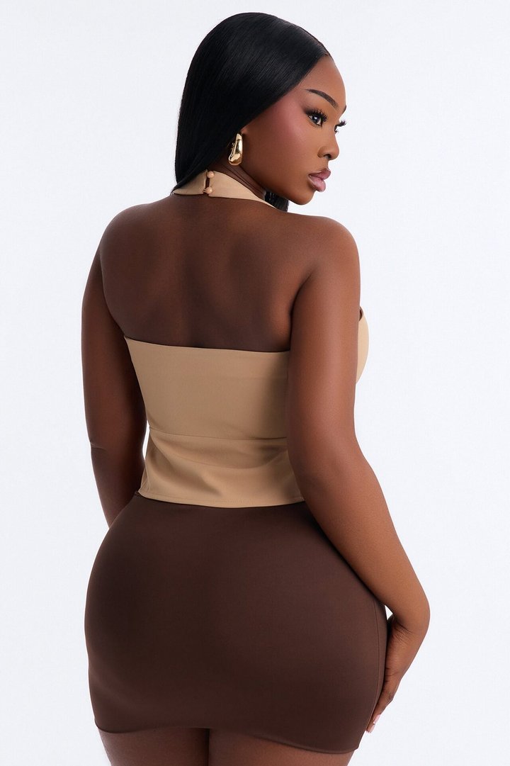 Callie Cut Out Twill Halter Top - Taupe