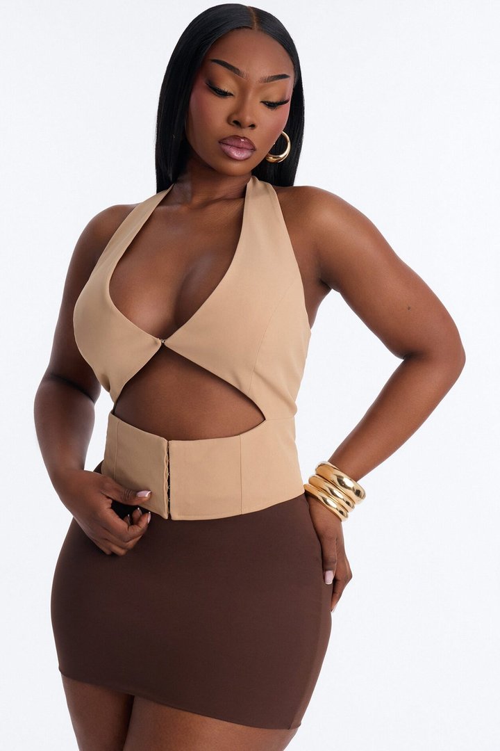 Callie Cut Out Twill Halter Top - Taupe