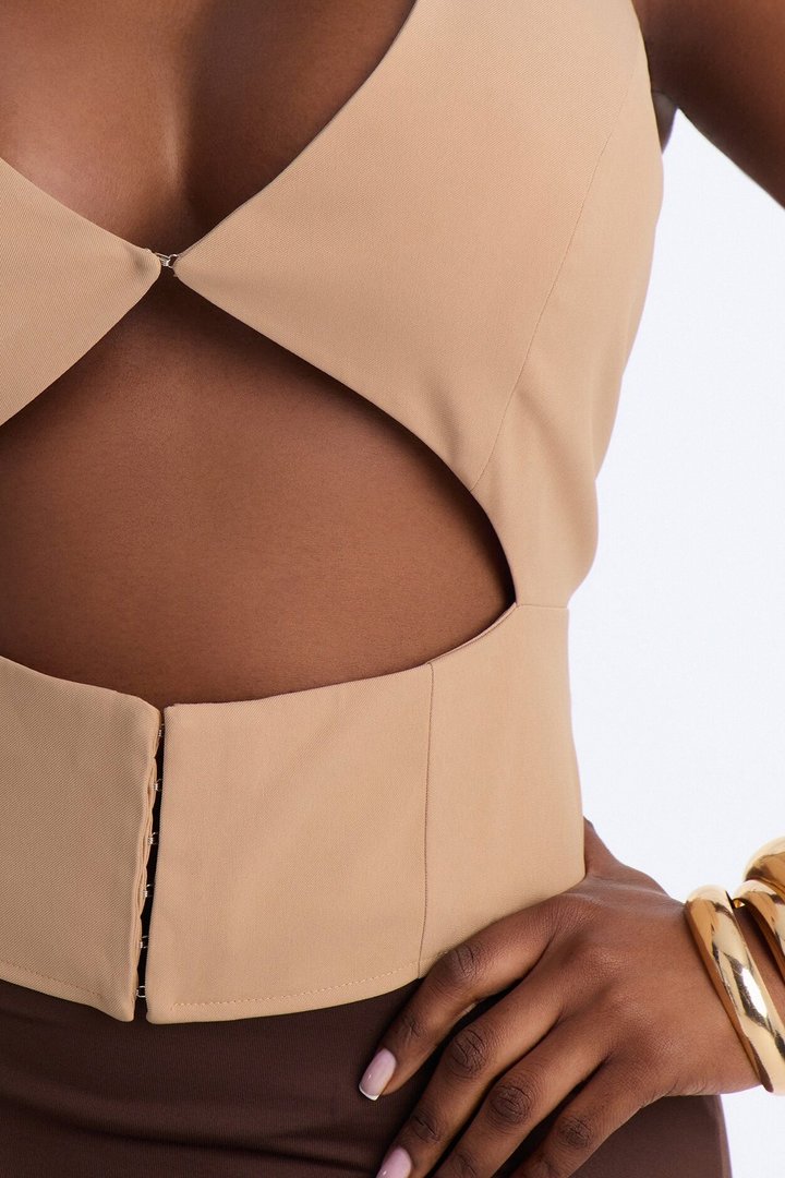 Callie Cut Out Twill Halter Top - Taupe