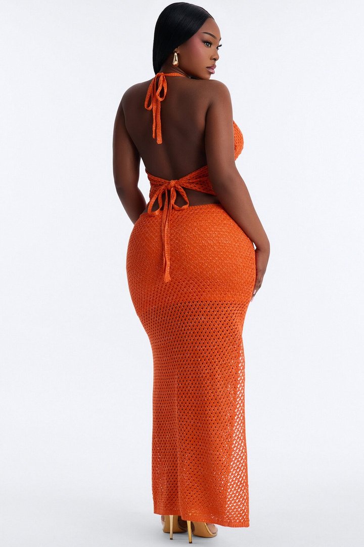 Crystal Crochet Halter Maxi Skirt Set - Orange