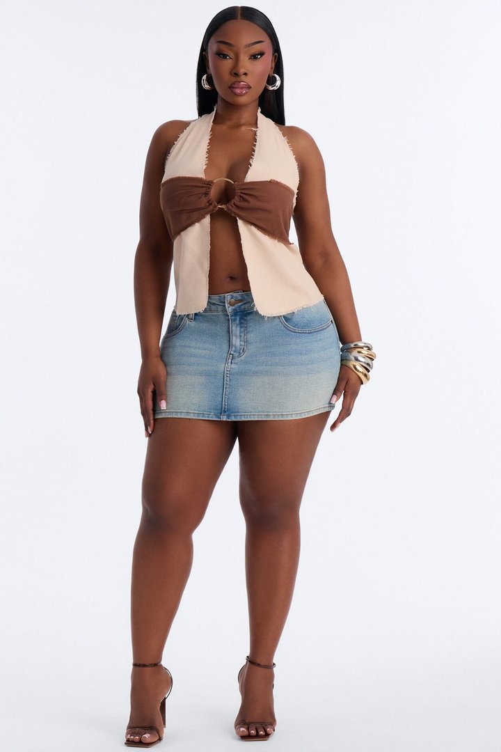 Summer Awaits Hardware Linen Halter Top - Beige/Brown