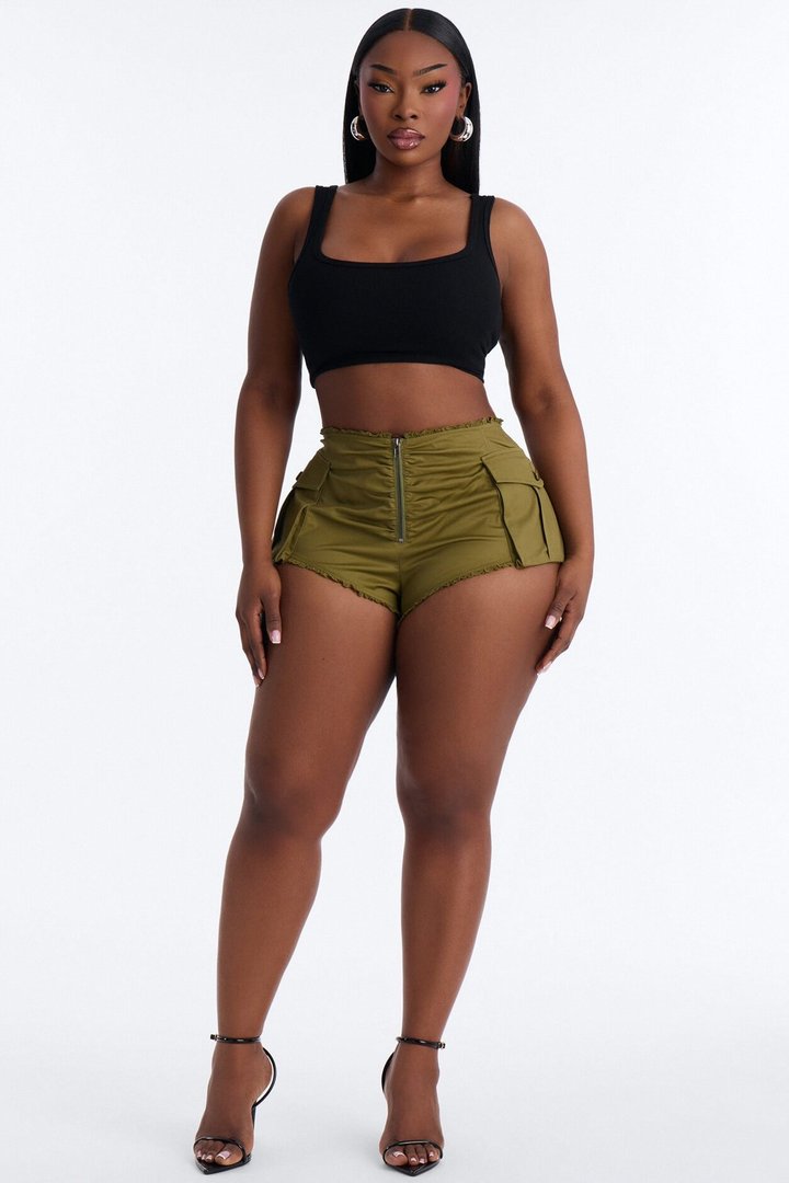 Amira Cargo Ruffle Hem Micro Short - Olive