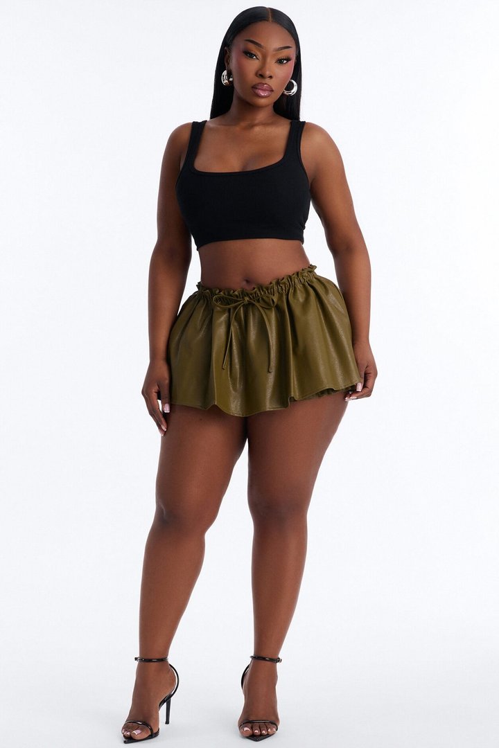 I'm A Flirt Pleated Faux Leather Peekaboo Micro Skort - Olive