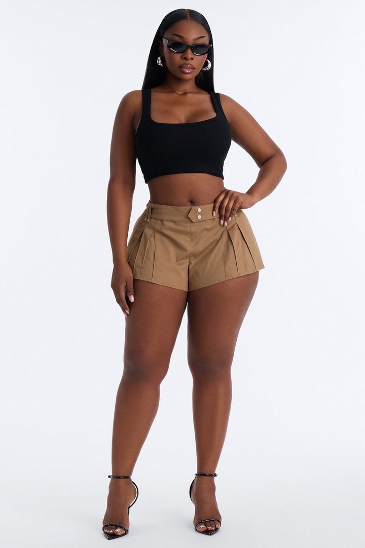 Carlie Low Rise Belted Twill Bubble Hem Short - Khaki