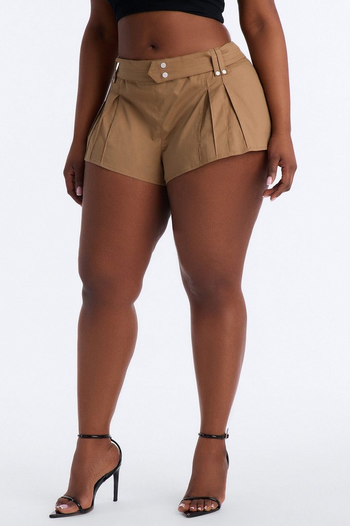 Carlie Low Rise Belted Twill Bubble Hem Short - Khaki