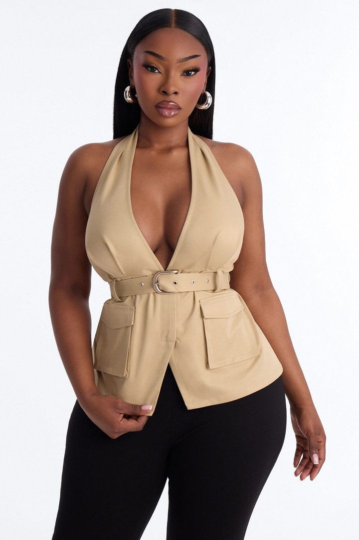 Downtown Heat Belted Twill Halter Top - Taupe