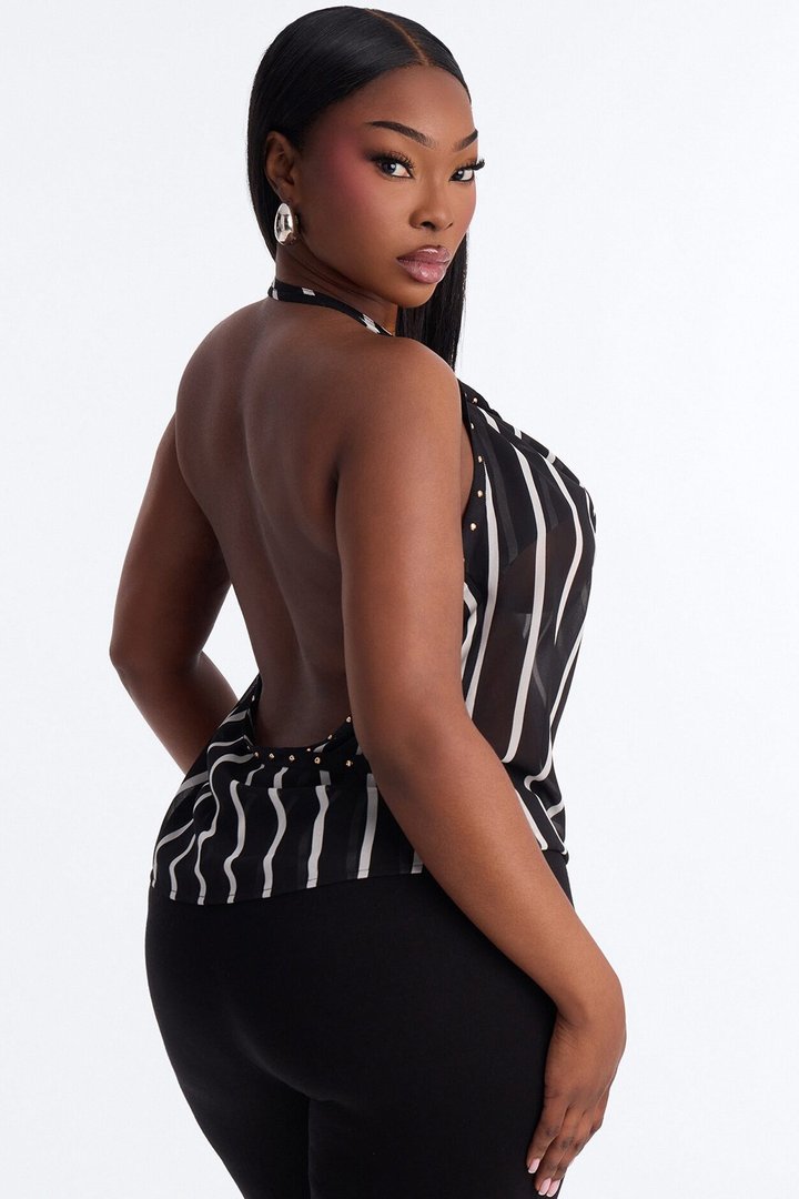 Madelyn Studded Stripe Chiffon Halter Top - Black/combo