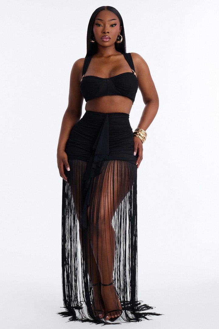 Farrah Mesh Fringe Skirt Set - Black