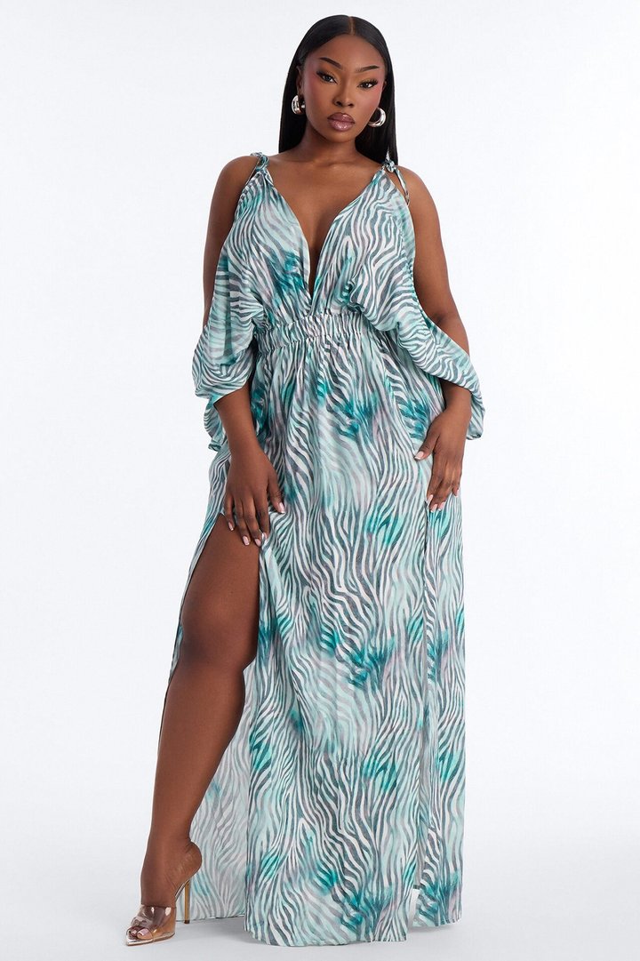 Laurel Animal High Slits Maxi Dress - Blue/combo