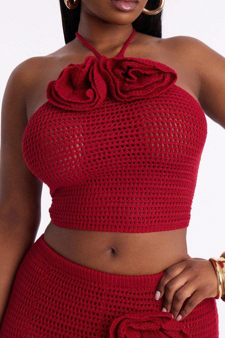 Sadie Floral Crochet Maxi Skirt Set - DarkRed
