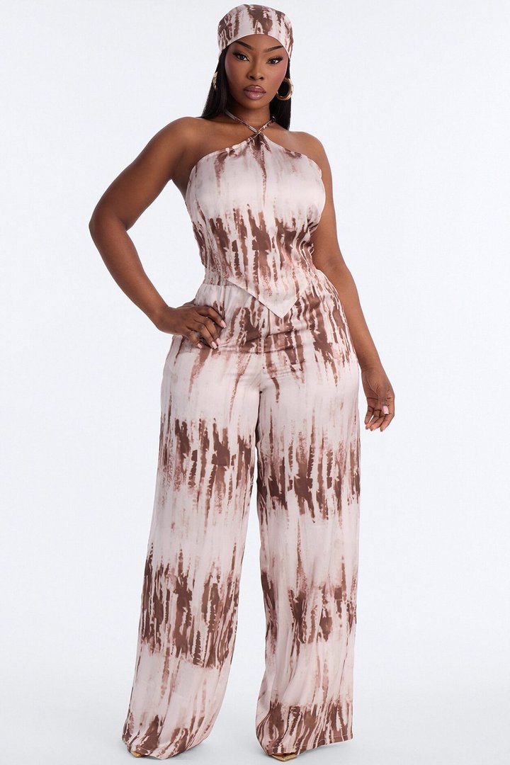 Julie Satin 3Piece Halter Pant Set - Brown Combo