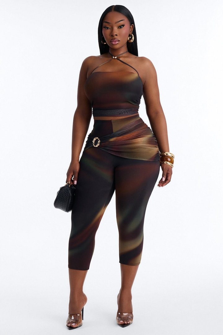 Mariah Halter Mesh Capri Set - Chocolate/Combo