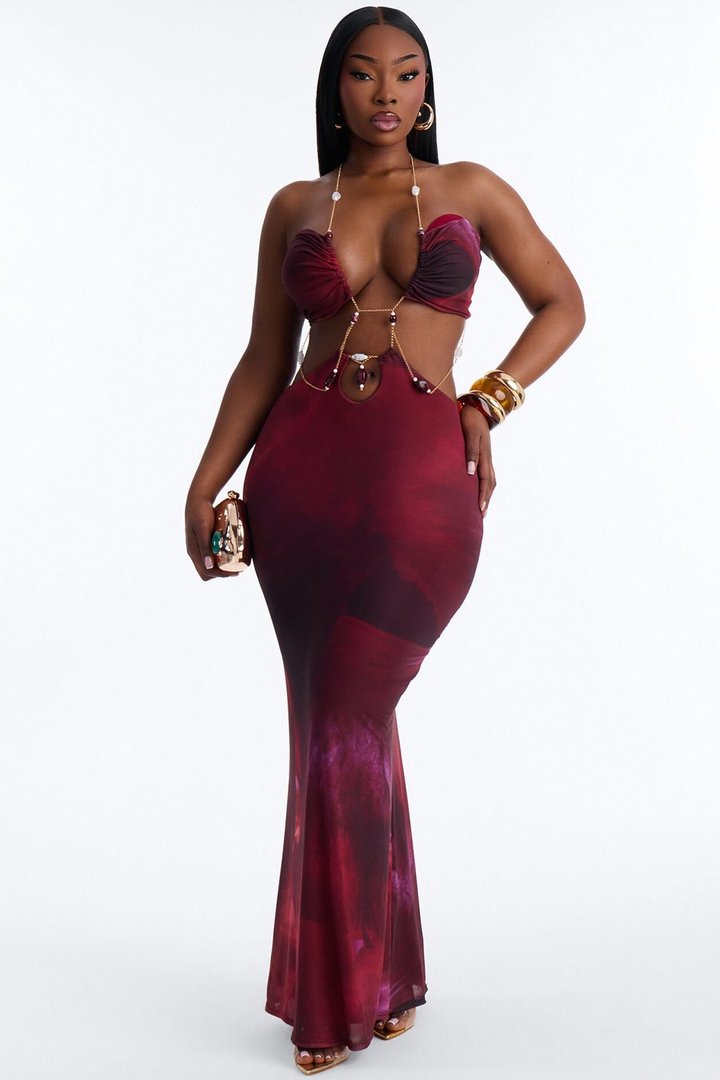 Roxanne Chain Mesh Maxi Dress - Wine