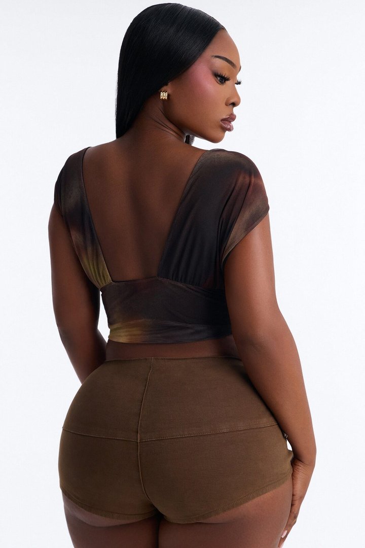 Lori Deep V-Neck Mesh Cropped Top - Brown/combo