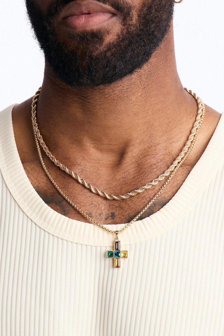 Stained Glass Cross Chain Necklace Set - Gold