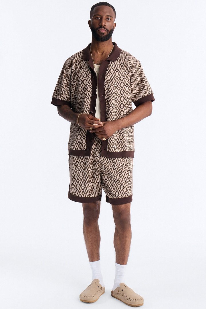 Geometric Jewel Jacquard Button Up Shirt - Brown
