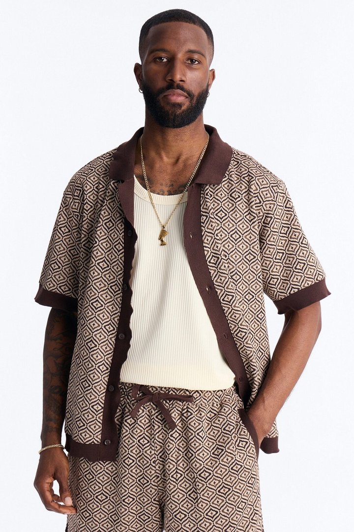 Geometric Jewel Jacquard Button Up Shirt - Brown