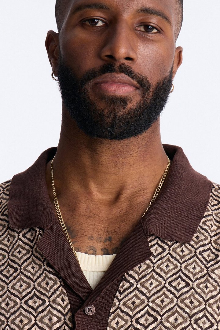 Geometric Jewel Jacquard Button Up Shirt - Brown