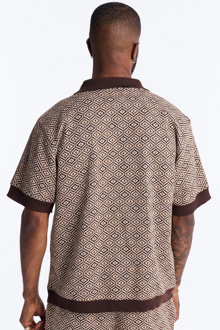 Geometric Jewel Jacquard Button Up Shirt - Brown