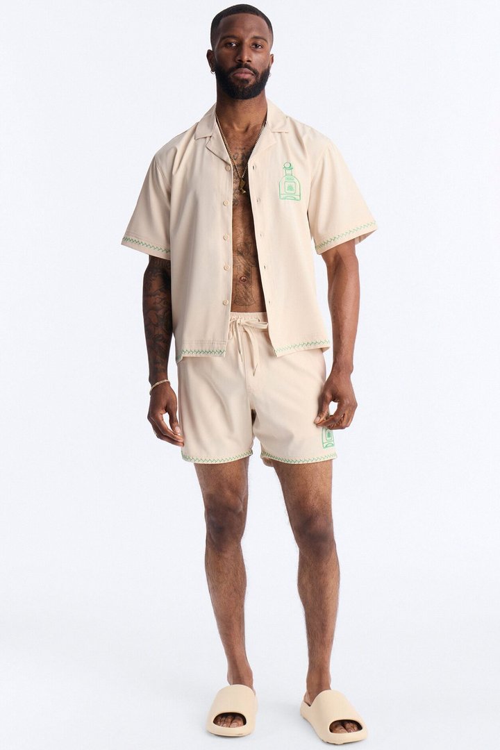 Agave Palm Embroidered Cuban Collar Button Up Shirt - Off White