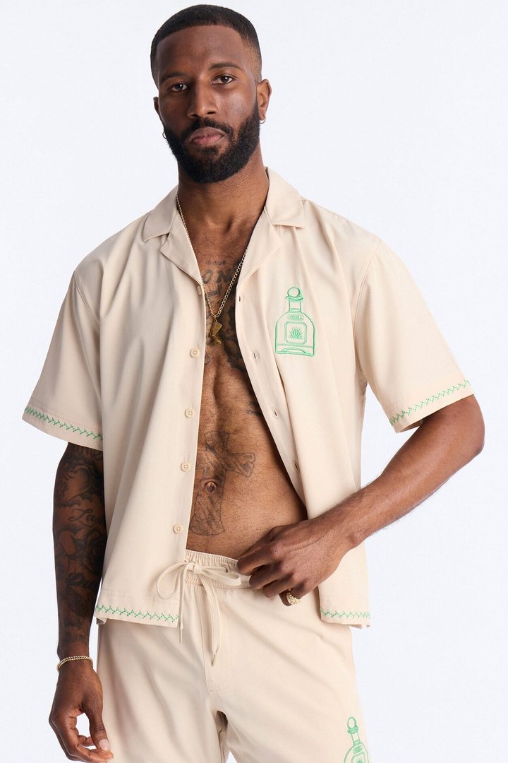 Agave Palm Embroidered Cuban Collar Button Up Shirt - Off White