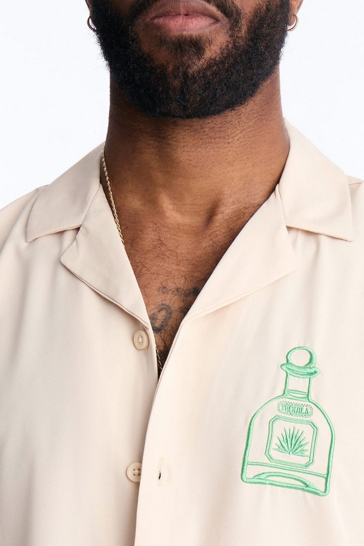 Agave Palm Embroidered Cuban Collar Button Up Shirt - Off White