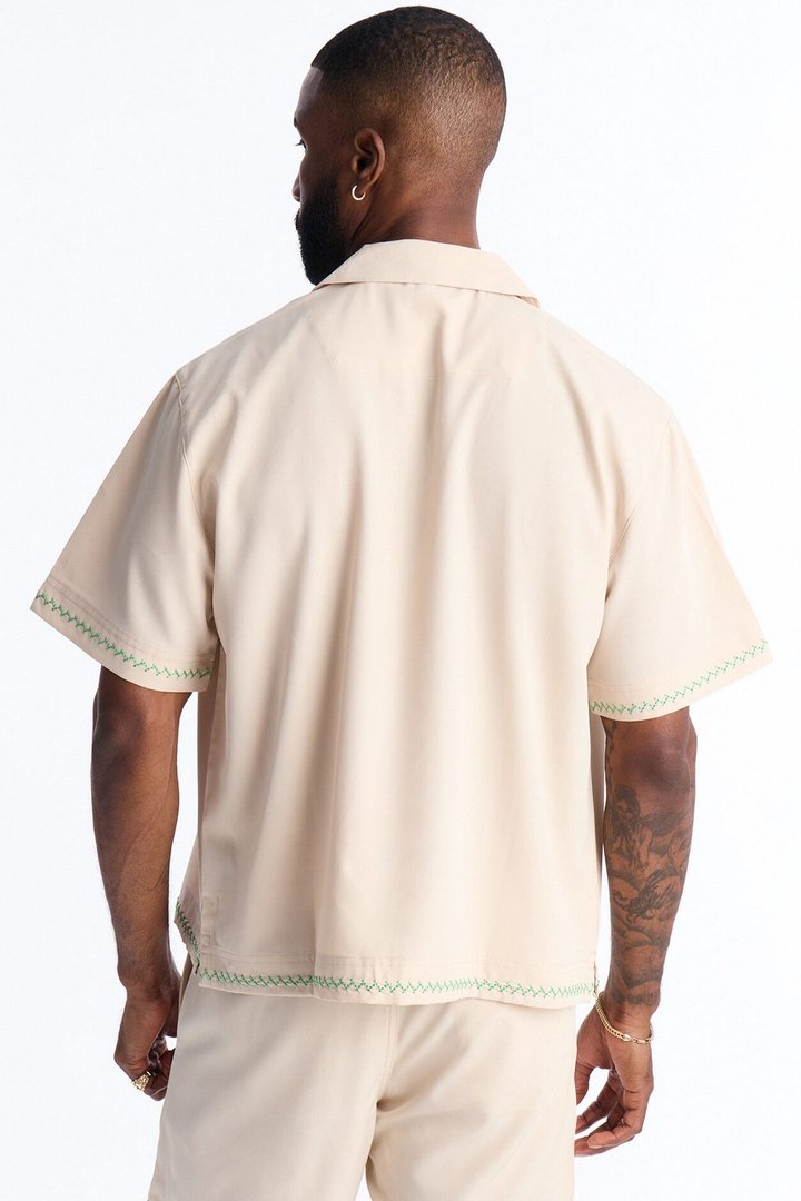 Agave Palm Embroidered Cuban Collar Button Up Shirt - Off White
