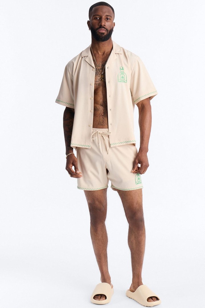 Agave Palm Embroidered Swim Trunk 7″ - Off White