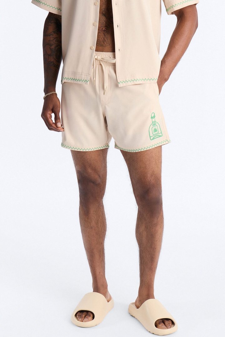 Agave Palm Embroidered Swim Trunk 7″ - Off White