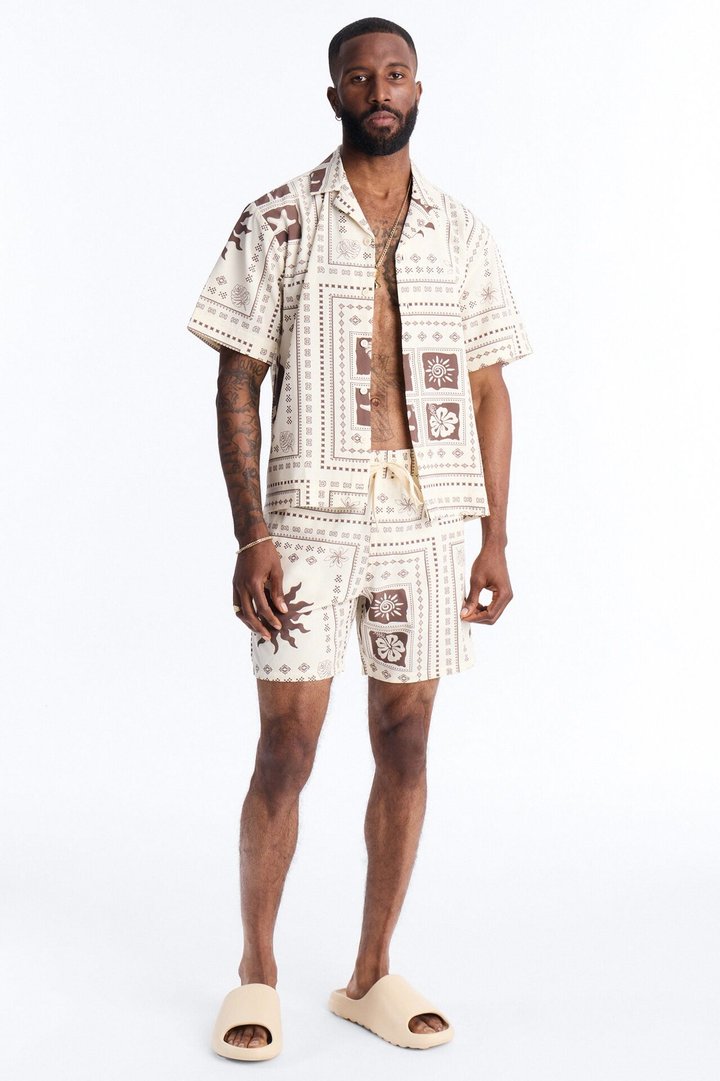 Relaxed Terra Mosaic Cuban Collar Button Up Shirt - Brown