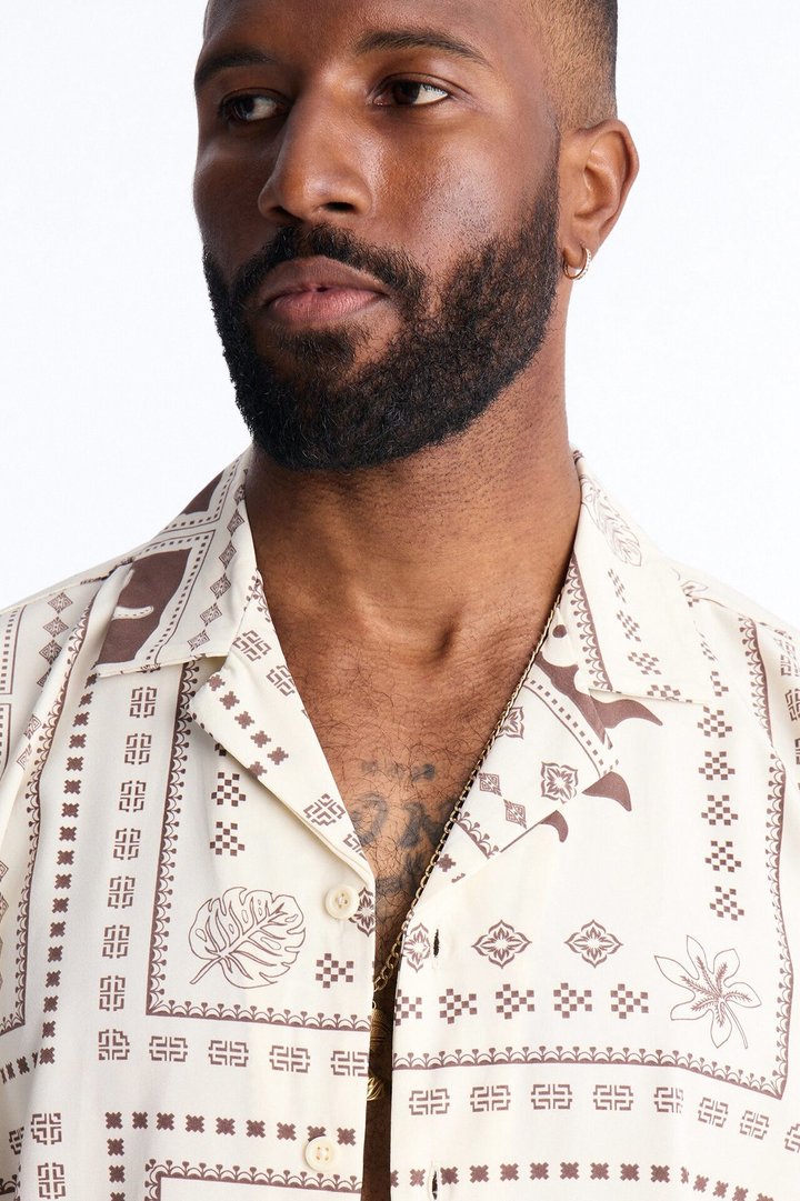 Relaxed Terra Mosaic Cuban Collar Button Up Shirt - Brown