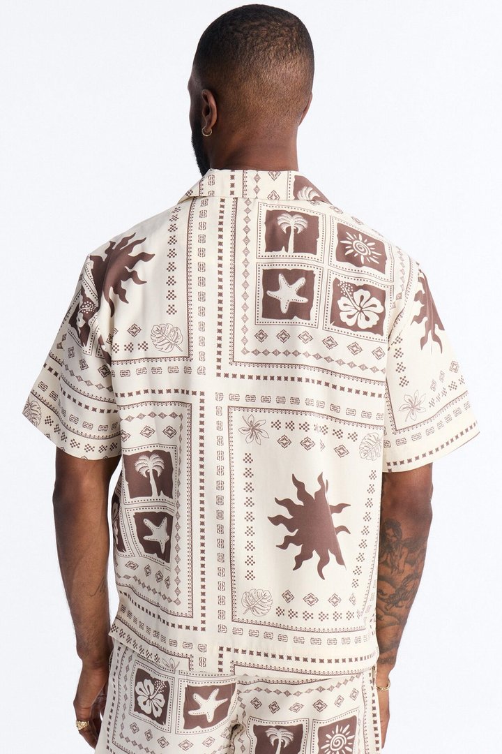 Relaxed Terra Mosaic Cuban Collar Button Up Shirt - Brown