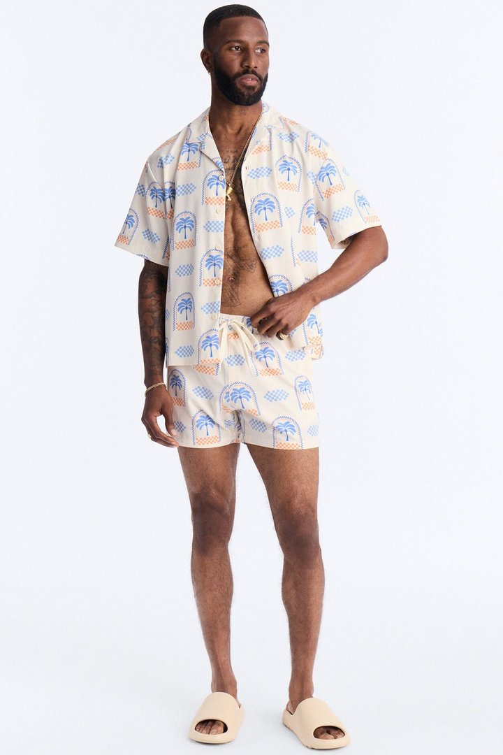 Coastal Palm Grid Cuban Collar Button Up Shirt - White/Blue