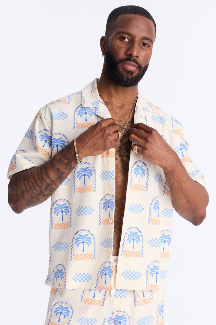 Coastal Palm Grid Cuban Collar Button Up Shirt - White/Blue