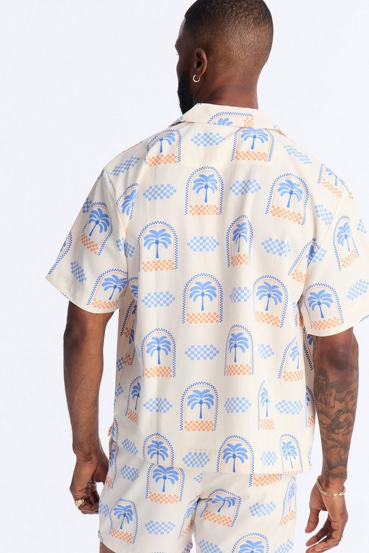 Coastal Palm Grid Cuban Collar Button Up Shirt - White/Blue