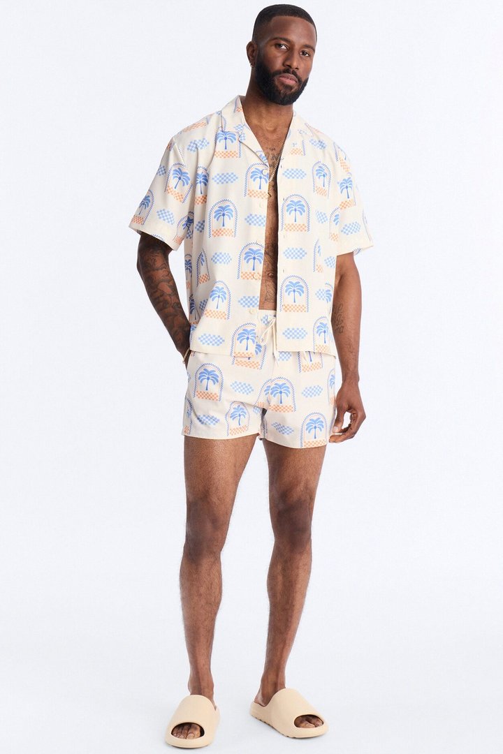 Coastal Palm Grid Swim Trunk 4″ - White/Blue
