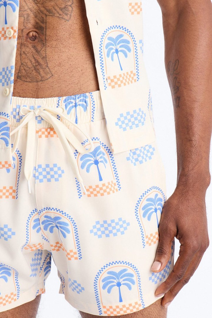Coastal Palm Grid Swim Trunk 4″ - White/Blue