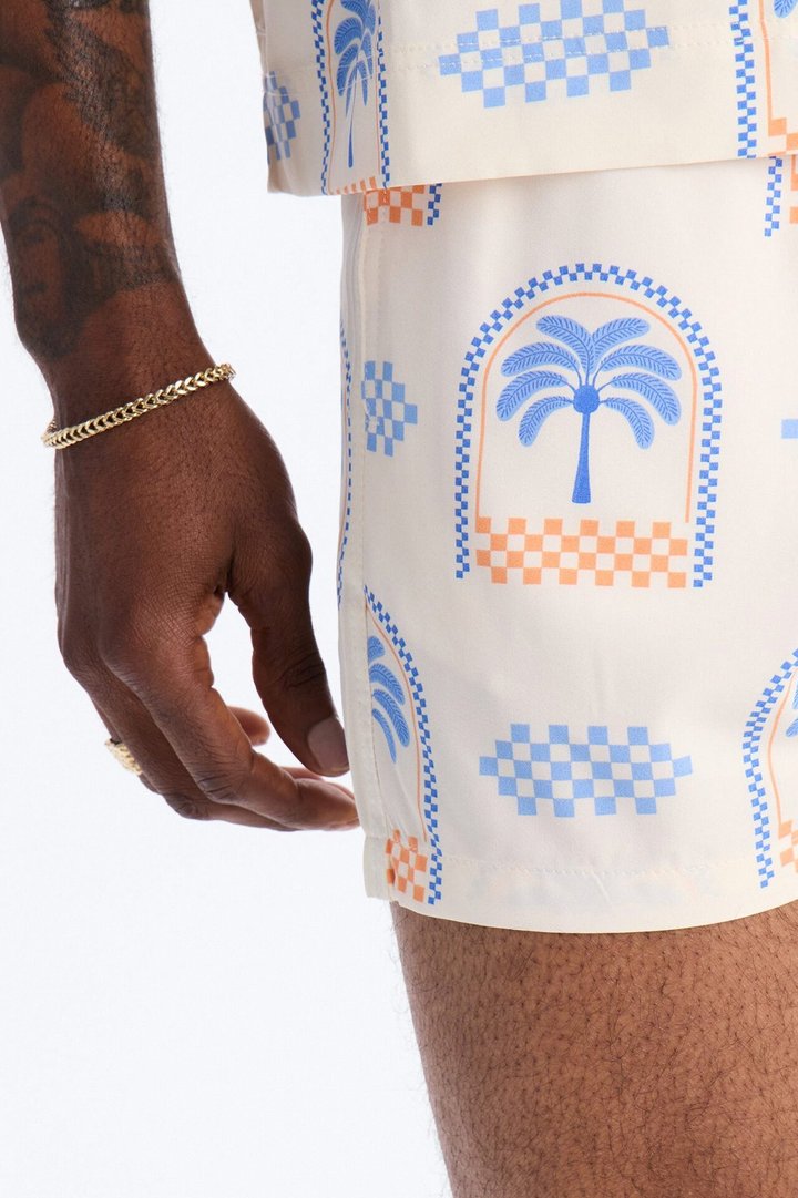 Coastal Palm Grid Swim Trunk 4″ - White/Blue