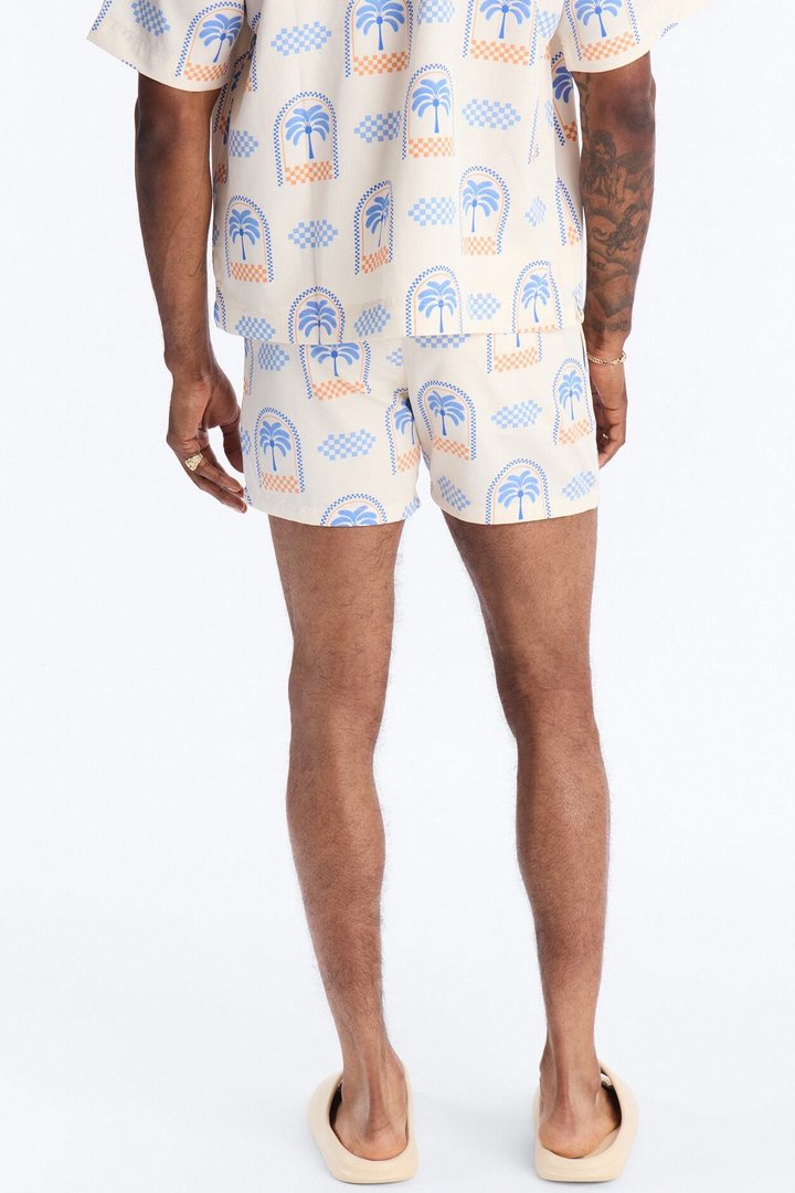 Coastal Palm Grid Swim Trunk 4″ - White/Blue
