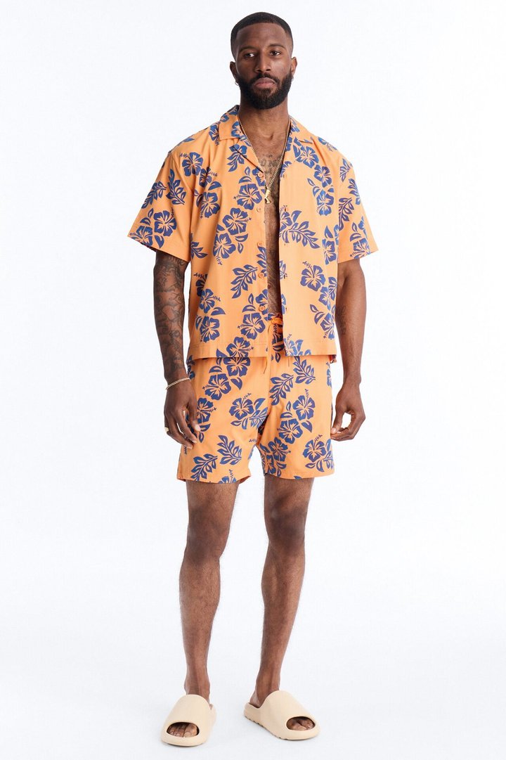 Relaxed Flocked Hibiscus Heat Cuban Collar Button Up Shirt - Orange
