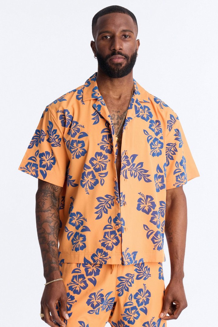 Relaxed Flocked Hibiscus Heat Cuban Collar Button Up Shirt - Orange