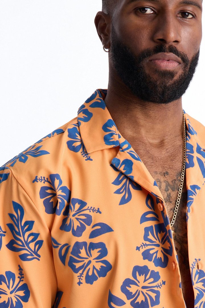 Relaxed Flocked Hibiscus Heat Cuban Collar Button Up Shirt - Orange