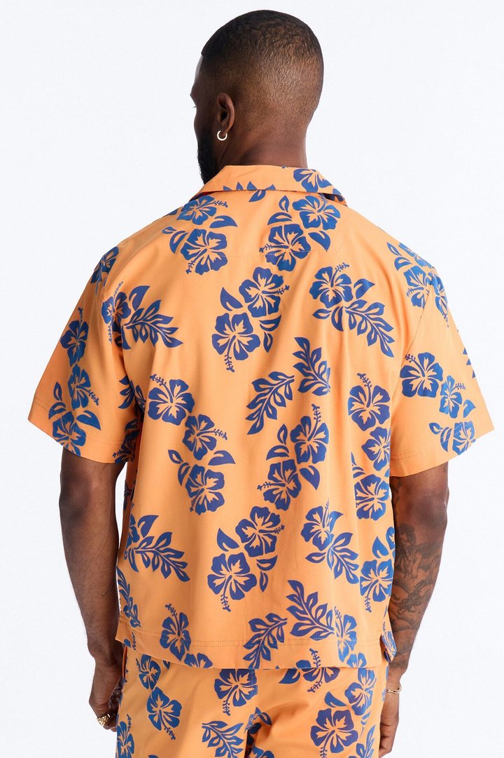Relaxed Flocked Hibiscus Heat Cuban Collar Button Up Shirt - Orange