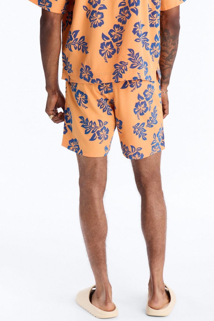 Flocked Hibiscus Heat Swim Trunk 7″ - Orange
