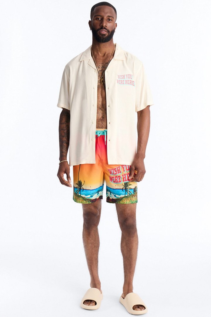Wish You Were Here Postcard Short Sleeve Cuban Collar Shirt - Cream
