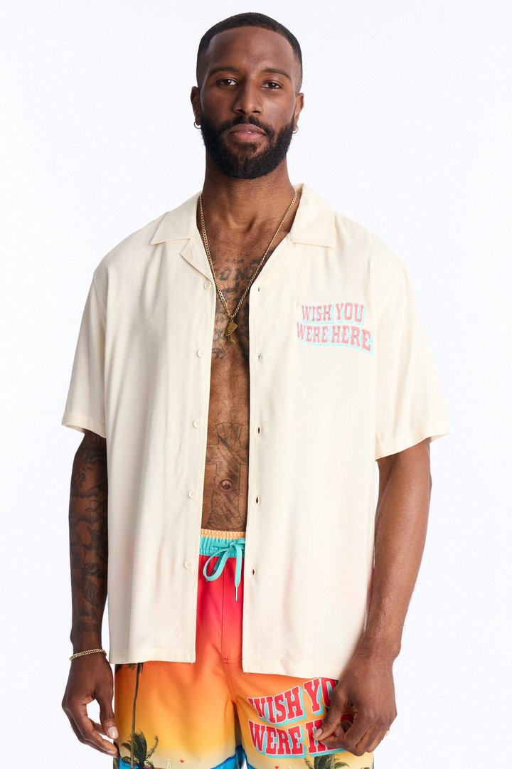 Wish You Were Here Postcard Short Sleeve Cuban Collar Shirt - Cream