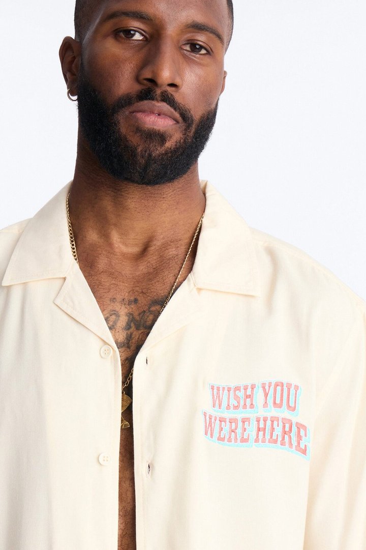 Wish You Were Here Postcard Short Sleeve Cuban Collar Shirt - Cream